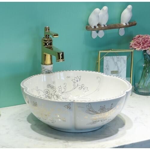 White Europe Vintage Style Lavobo Ceramic Washing Basin Counter top ceramic wash basin flower bathroom sink