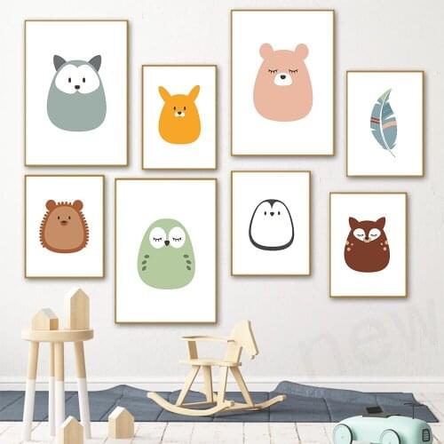 Baby Nursery Wall Art Canvas Posters Print Cartoon Bunny Deer Hedgehog Owl Bear Painting Nordic Kid Bedroom Decoration Pictures