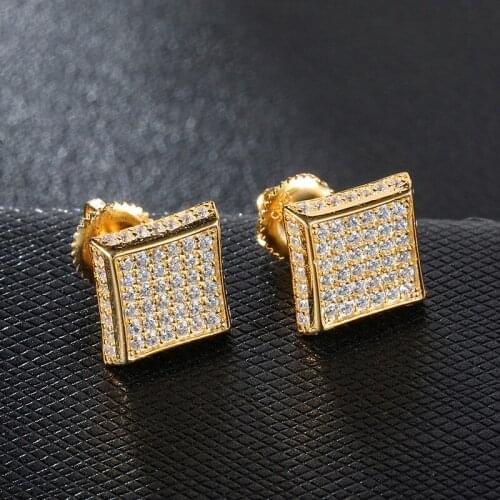 Hip HOP 1Pair Micro Full Paved Rhinestone Zircon CZ Square Bling Iced Out Stud Earring Gold Copper Earrings For Men Jewelry