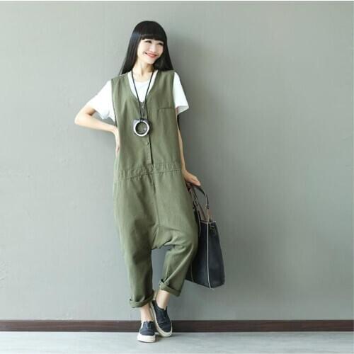 Simple Solid Color Low Crotch Nine-points Jumpsuits Korean New Single-breasted Stitching Pockets Loose Casual Trousers
