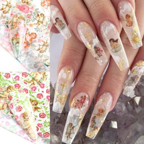Love Angels Flowers Nail Foils Holographic Stickers for Nails Art Decals Sliders Transfer Paper Wraps Manicure 3D Decorations