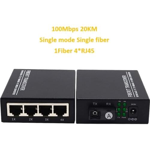 1Pair 10/100M SC to 4Port RJ45 UTP Fiber Optic Ethernet Media Converter Singlemode Single Fiber Optical Converter 20KM
