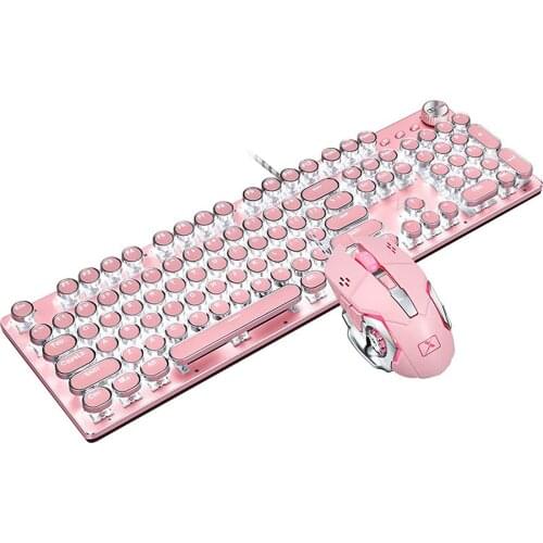 X9VR 104-Key Mechanical Gaming Keyboard Mouse Combos Retro Steampunk Keyboard Type Blue Switch Keycaps LED Backlit - Pink