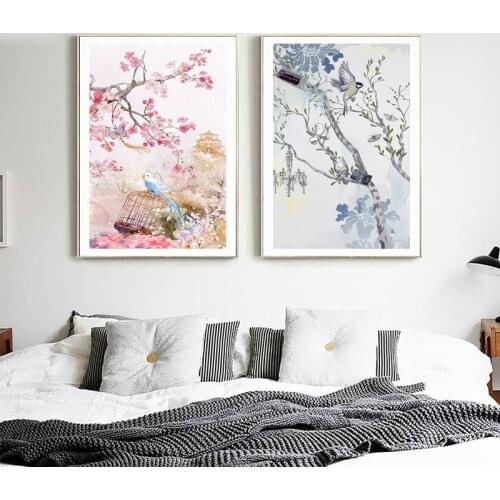 Modular Pictures Wall Art Home Decor Cherry Blossoms Birds Painting Nordic Prints Style Abstract Canvas Poster For Living Room