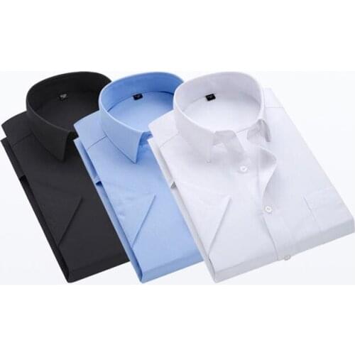 Mens Dress Shirt White Black Blue Solid Slim Fit Short Sleeve For Prom Wedding Fashion young men Gentlemen Quality Costume