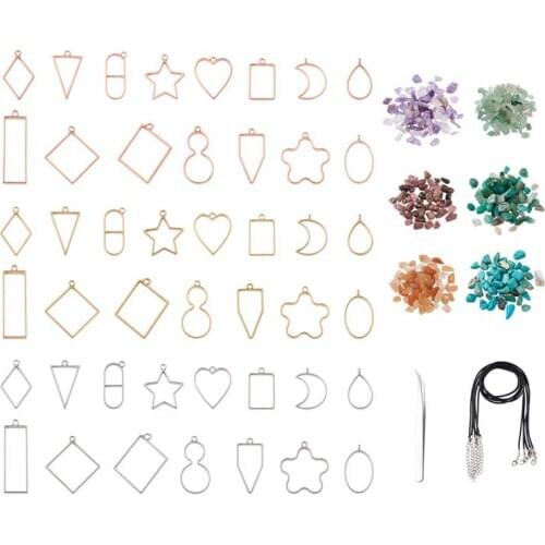 Alloy Open Back Bezel Pendants, Natural Stone Chip Beads Waxed Cord Necklace Making DIY UV/Epoxy Resin Pendant Necklace Making