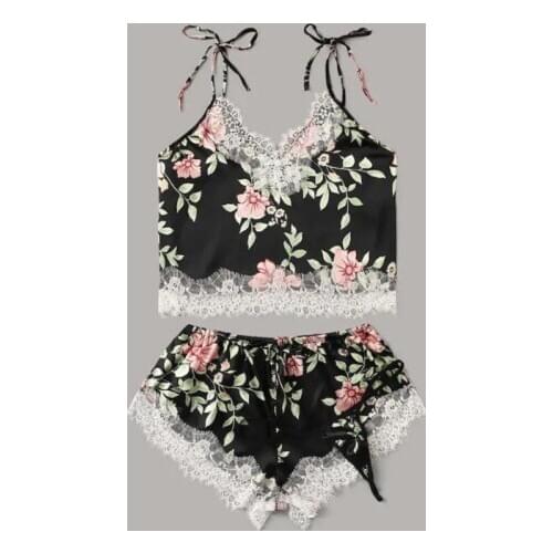 New Ladies Sexy Sling Floral Pajamas Imitation Silk Casual Home Service Suit