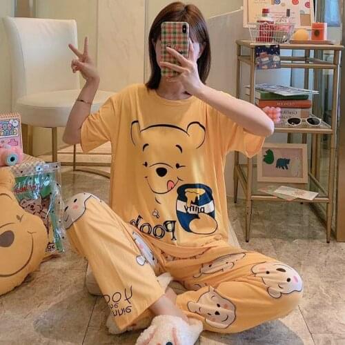 2021 Pajamas Womens Short Sleeve Set Lady Women Teenage Girl Clothing Cartoon Pants Suit Casual Wear Sleeping Two-piece Suit