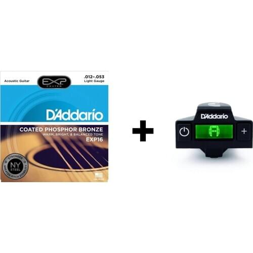 D'Addario EXP16 Coated Phosphor Bronze Acoustic Guitar Strings, Light & NS Micro Soundhole Tuner Bundle