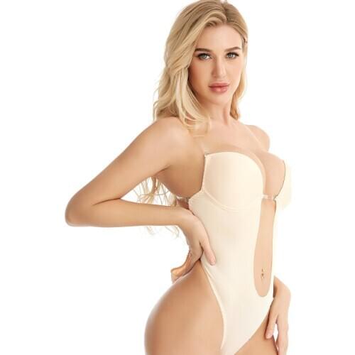 Waist Trainer Shaper Body Tummy Shaper Shapewear Women Deep V Bodysuit Clear Strap Backless Plunge Thong Push Up padded Bra
