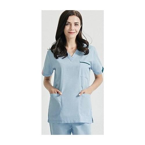 Pure Cotton Color Blocking Scrub Top Women Uniforms Short Sleeve V Neck Shirt Veterinary Side Vent Big Pockets Workwear Clothes