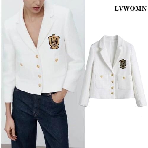 LVWOMN Za Women Cropped Blazer 2021 Fashion White Women Blazer Long Sleeve Office Top Elegant Pocket Lady Coat Tops Chic Jacket