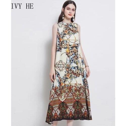 IVY HE European And American New Pattern Stand Collar Sleeveless Dresses With Loose Lace Up Streewear Summer Womens Dress 2021