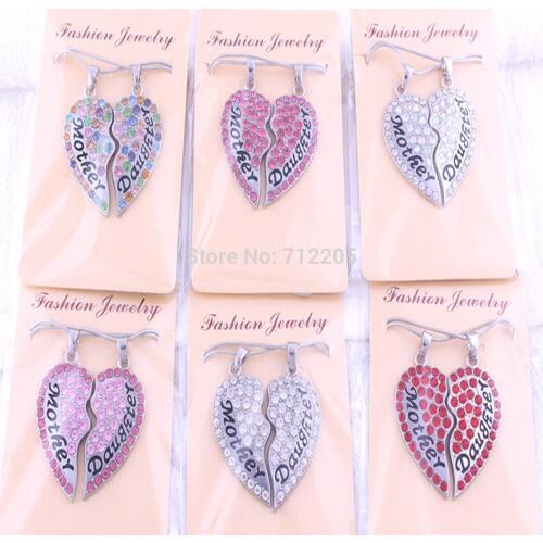 1.5" *1.5" inches Mothers Day Gift 1set a lot Mother and daughter crystal heart pendant family with snake chain necklace