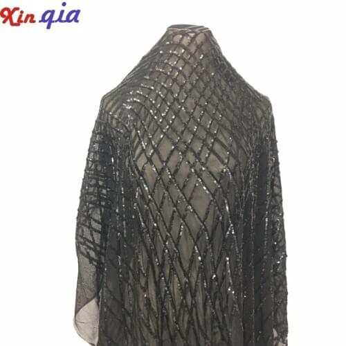 1Yard Sequins LACE Fabric Black Elastic Mesh Fabric breathable for night dress decoartion clothes accessory Q666