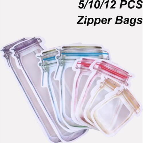 10/12pcs Portable Mason Jar Zipper Bags Reusable Snack Leakproof Food Saver Bag Sandwich Snack Candy Storage Bag for Travel Kid