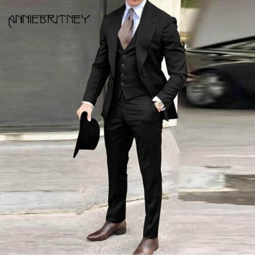 2020 Classic Black Mens Suits 3 pieces Custom Plus Size Groom Prom Wedding Suits Tuxedos Business Men Suit Blazer Vest Pants Set