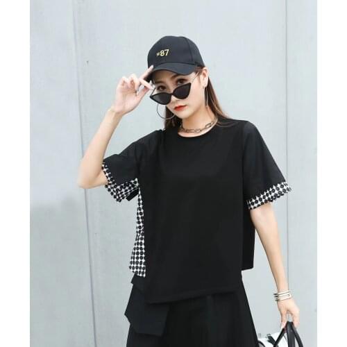 210436 Cotton Plus Size Vintage Patchwork Plaid Summer Casual Loose T-shirt Women Ladies Short Sleeve Irregular Tops