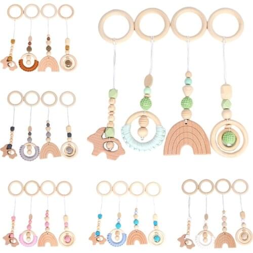 4 Pcs/Set Baby Play Gym Frame Stroller Hanging Pendant Wooden Ring Teether Molar
