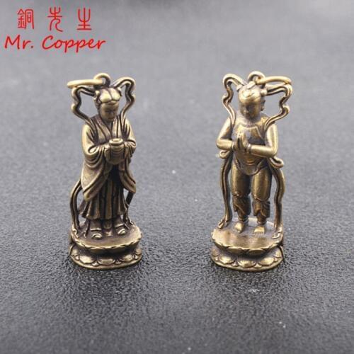 Antique Copper Buddaha Statue Ornaments Lucky Boy Girl Figures Desk Decoration Accessories for Home Decor Brass Keychain Pendant