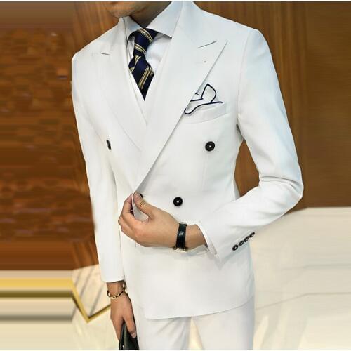 White Business Men Suit Grooming Slim Fit Suits Wedding Men Double Breasted Tuxedo 3 Pieces Custom Suits (Jacket+Vest+Pants )