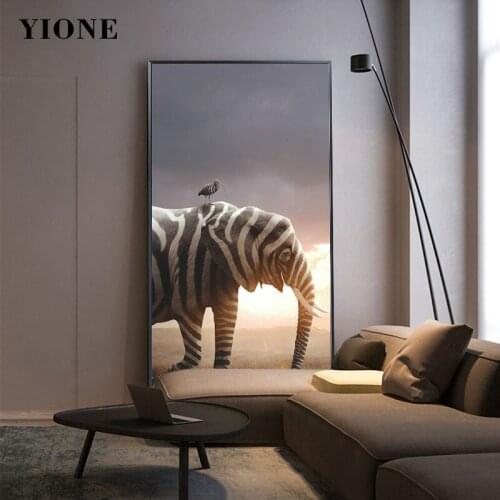 Black and White Striped Art African Animal Canvas Painting Modern Elephant Bird Grassland Sunset Wall Decor Poster Print Picture