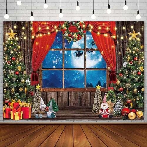 Christmas Tree Backdrop Santa Gift Window Reindeer Red Curtain Wreath Wooden Floor Photography Background Photo Studio Photozone