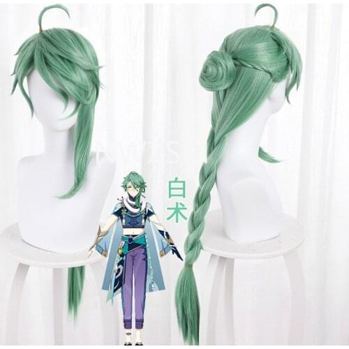 Genshin Impact Cosplay BAIZHU Wig Removable Bun Baishu Green 90cm Long Straight Braided Ponytail Heat Resistant Hair Role Play