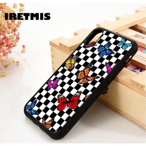 Iretmis 5 5S SE 6 6S TPU Rubber phone case cover for iPhone 7 8 plus X Xs 11 Pro Max XR black checkerboard colorful butterflies