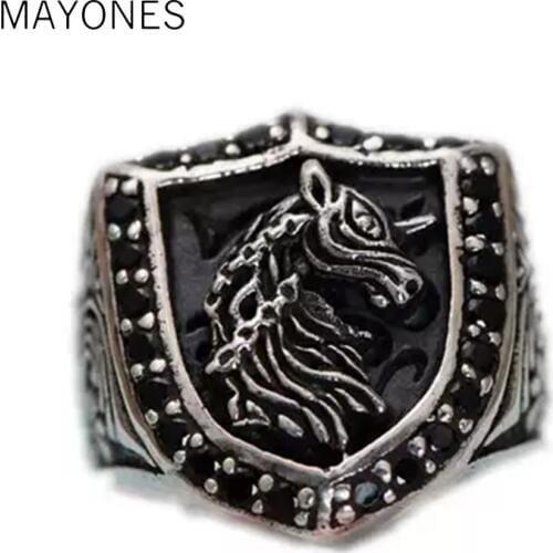 MAYONES Real 925 Sterling Silver Mysterious Unicorn Ring Jewelry Inlaid Obsidian for Men Size 8 9 10 10.5 Free Shipping