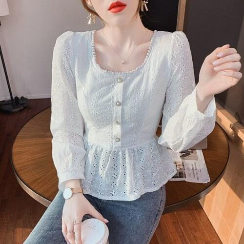 Fashion Korean Autumn Long Sleeve Hollow Out Chiffon Tops Temperament Square Collar Blouses Femme All-Match Blusas MM1146