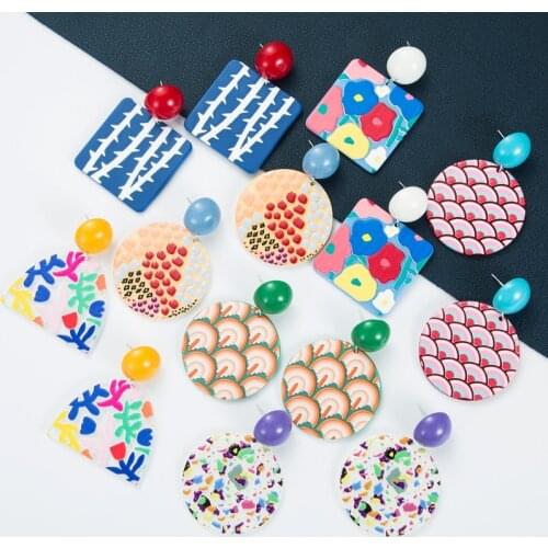 Fashionable Resin Printing Flower Branch Geometric Earrings Female Popular Bohemian Dangle Earrings Party Accessories