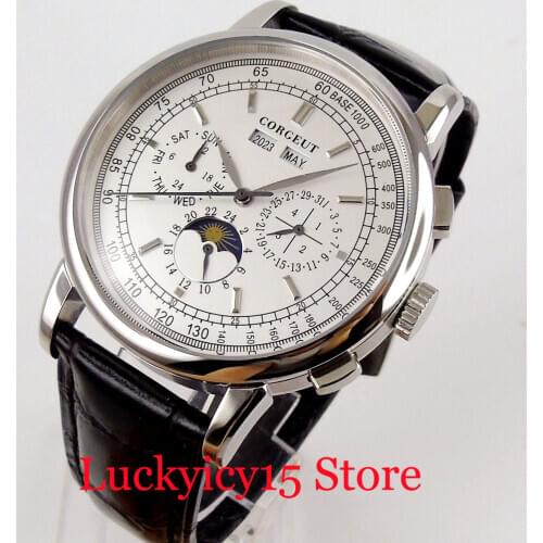Top Quality CORGEUT Brand 42mm Automatic White Men Watch Year Date Multifunctional Indicator Leather Band Polished Case