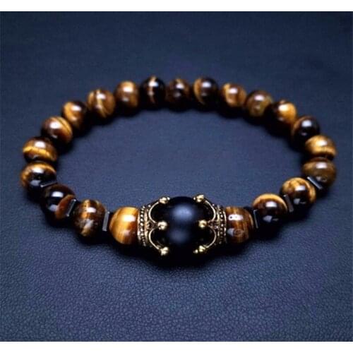 Charm Bracelet for Men Fashion Luxury Antique crown High quality Tiger eye stone bead Bracelets Jewelry Male Pulseira bileklik