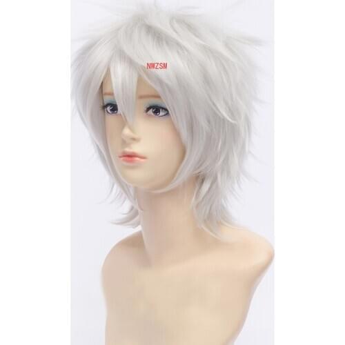 Hunter x Hunter Killua Zoldyck Short Mens Wig Cosplay Costume Shaggy Layered Heat Resistant Synthetic Hair Wigs + Free Wig Cap