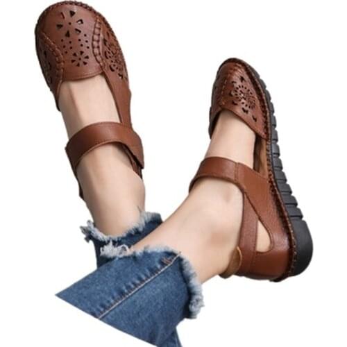 2021 Hollow Genuine Leather Breathable Soft Flat Sandals Summer Women Shoes Woman Casual Solid Buckle Strap Ladies Sandals