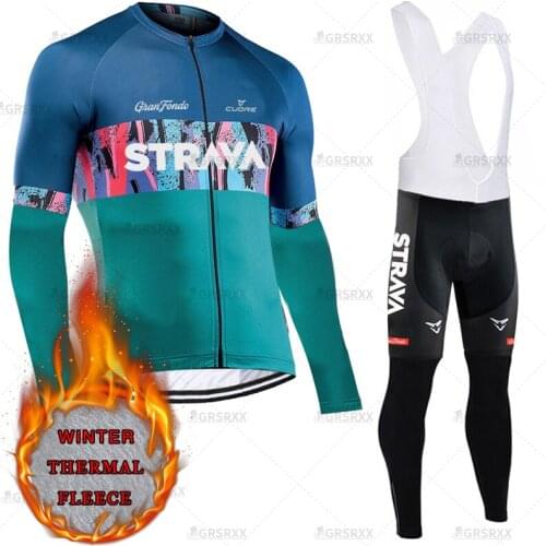 STRAVA Winter Cycling Jersey Set Long Sleeve Cycling Shirts Winter Sun Protection Warmth Bib Set Cycling MTB Race Sportswear