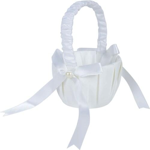 Wedding Flower Basket White Satin Bow Pearl Petal Storage Container Flower Girl Basket White Flower Basket Wedding Party Decor