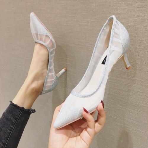 High Heels Wedding Shoes Womens Fine Heel 2020 New Silver Sequins Shallow Mouth Womens Shoes Mesh Pointed Womens Shoes