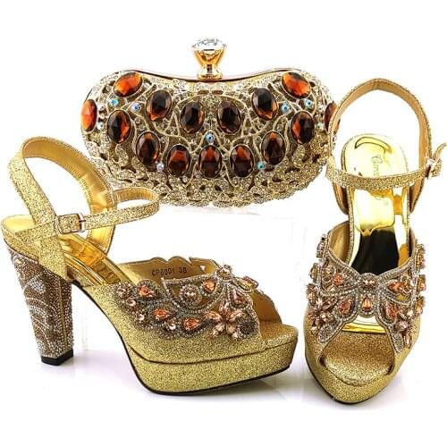 Doershow Italian Design gold Shoes and Bag To Matching African Shoes and Bag Set For Party Nigerian Women Fashion Shoe! SKV1-3