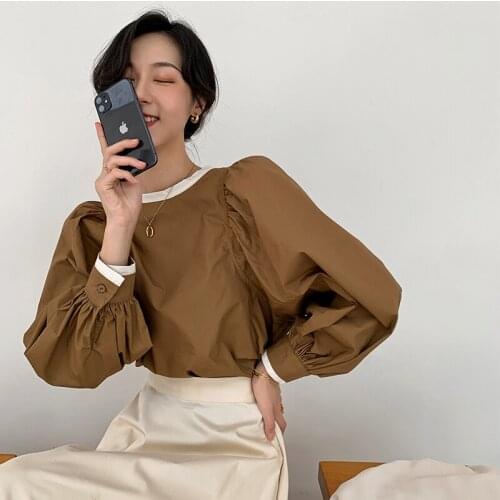 Vintage 2021 Fall Shirts Puff Sleeve O-Neck Elegant Blouses Color Patchwork Loose Bandage Back Tops Female Pullovers T046