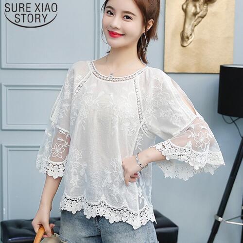 Casual Female Tops New Spring Summer Embroidery Lace Blouse Flare Sleeve Hollow Out Women Shirt O-Collar Ladies Clothing 4506 50