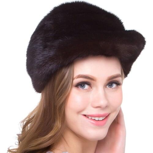 Natural mink fur womens winter warm hat, real fur, handmade crystal diamond decorative ear protection, Russian hot style