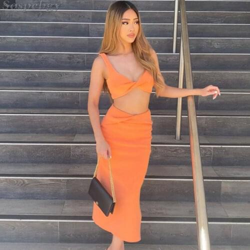 Summer Women Bandage Set Sexy Sling Top and High Waist Side Split Long Skirt Bodycon Fit 2-piece Set 2021 Elegant Party Clothing
