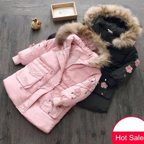 2020 Winter 3-9 10 11 12 Years Teenager Thickening Faux Fur Floral Print Hooded Coat Medium Long Down Jacket For Kids Baby Girls