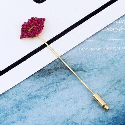 2018 Fashion Jewelry New Korean Gold Metal Crystal Rhinestone Lip Brooch Long Lapel Pin Men Brooch Vintage Brooches For Women