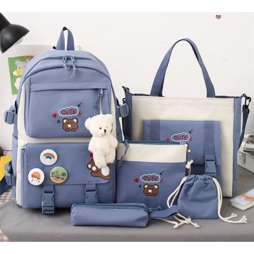 5 Pcs Sets Canvas Schoolbag Female Elementary School Students Junior High School Large-capacity Girls Net Red Backpack