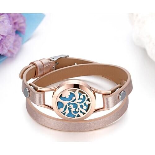 BONISKISS Womens Rope Bracelets Charm 316L Stainless Steel Lady Hollow Life Tree Round Open Essential Oil Photo Frame Customize