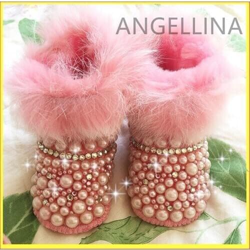 Newborn Baby Custom Plus Velvet Warm Boots Infant Cotton Luxury Shining Pearl Decoration Boots Shoes For Autumn Winter Pink