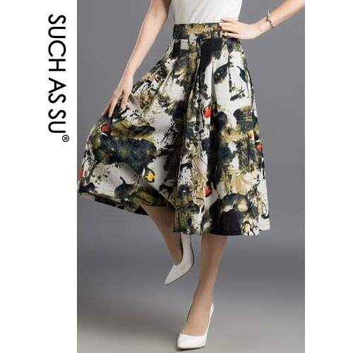 SUCH AS SU Women Wide Leg Pants 2021 Spring Summer Sexy Mid Long Culottes Print Elastic Waist Large Size Female Loose Pants